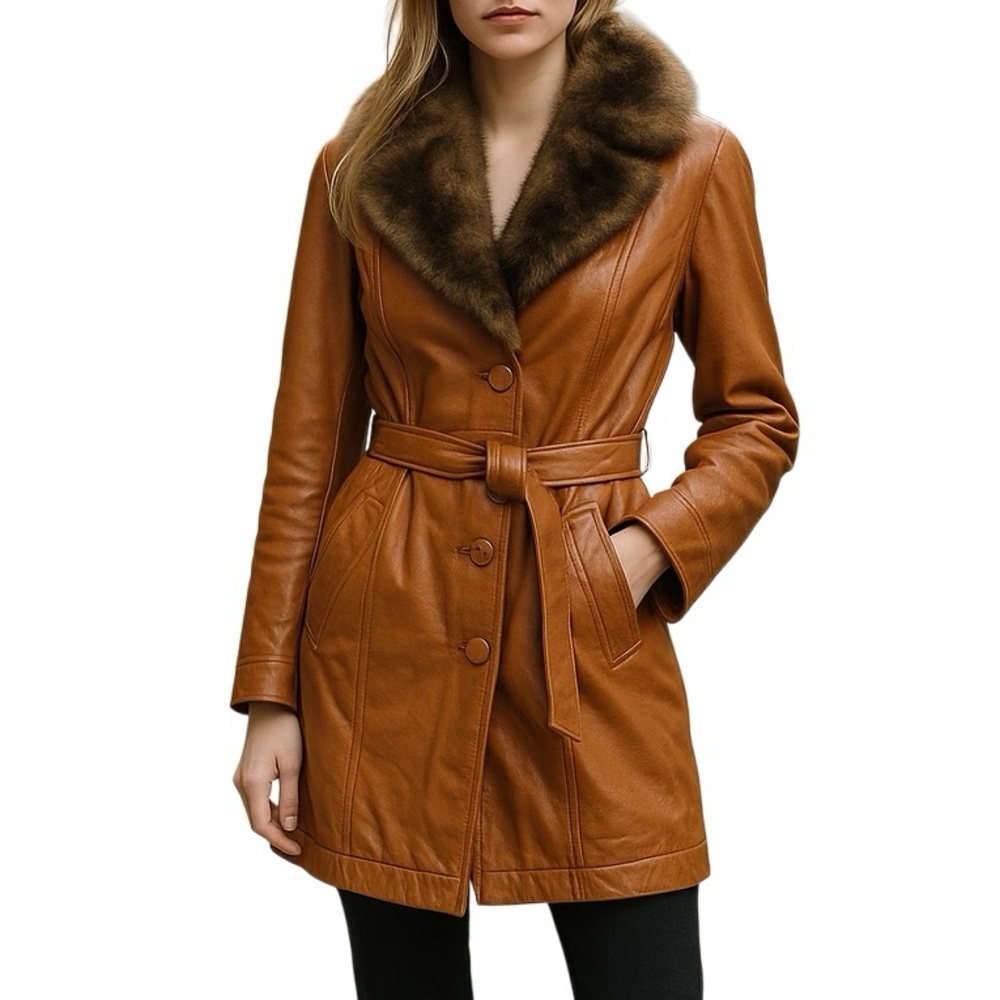 Vintage 70’s Cognac Leather Trench Coat Short Fur Collar Size 14